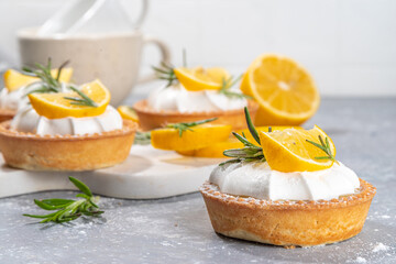 Wall Mural - Christmas dessert, Lemon rosemary tartlets, mini tart cakes copy space