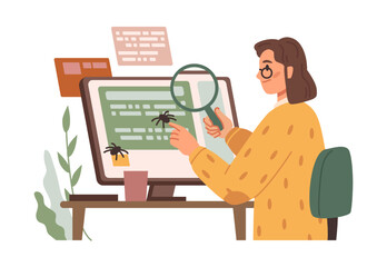 Aufkleber - Female quality assurance assistant working on software, testing and fixing bugs. Woman with magnifying glass looking for problems. Vector in flat cartoon style