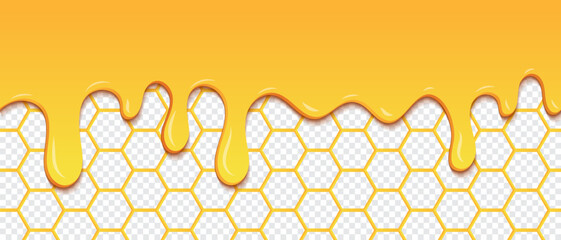 Yellow pattern with honeycomb and honey drips. Dripping honey seamless pattern. Gold honey hexagonal cells seamless texture. Vector illustration