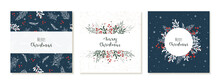 Christmas Square Post Templates For Social Media. Templates With Winter Plants, Berries And Branches On Blue Background. Vector