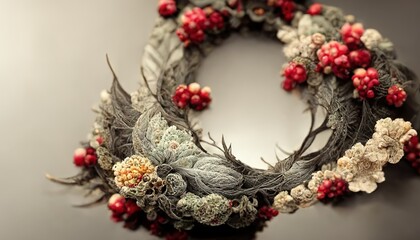 Sticker - Beautiful Christmas wreath on grey background, top view