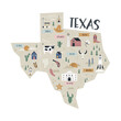Texas map state with landmarks and symbols.