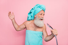 Photo Of Funky Senior Man Have Bath Sing Songs With Shower Head Isolated On Pastel Color Background