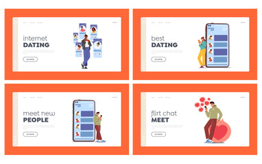 Characters use Dating App Landing Page Template Set. People Match in Social Media. Online Dating Application