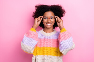 Poster - Portrait photo of young teen funny schoolgirl wear knitted sweater nice chevelure new glasses vision checkup isolated on pink color background