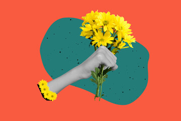 Poster - Creative photo 3d collage artwork postcard poster of human arm presenting bouquet yellow flowers isolated on painting background