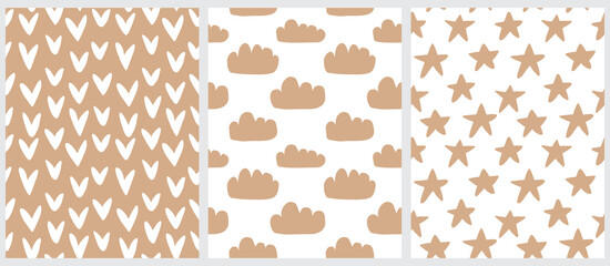 Wall Mural - Baby Shower Irregular Seamless Vector Patterns with Hand Dawn Hearts, Clouds and Stars on a White and Light Brown Background. Infantle Style Nursery Print Ideal for Textile, Wrapping Paper, Fabric.