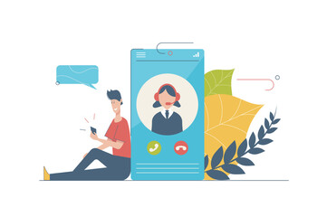 Poster - Call center concept with people scene in flat cartoon design. Man calling to technical support by smartphone, woman consulting and solving problem. Vector illustration with character situation for web