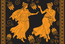 Two Ancient Greek Girls In Tunics Are Dancing In A Flowering Garden. Antique Painting With Meander Ornament