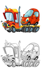 Wall Mural - funny cartoon tow truck driver with other car