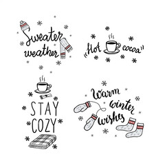 Wall Mural - Set text black and white illustration with simple snowflakes.