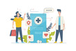 © alexdndz - Online pharmacy concept with people scene in flat cartoon design. Woman consults with pharmacist and orders medicines online using mobile app. Vector illustration with character situation for web
