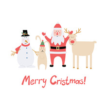 Christmas Card Design With Cheerful Holiday Characters. Winter Holiday Design For Postcards, Paper Prints, Web Banners.