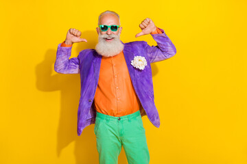 Sticker - Portrait of cheerful grandfather toothy smile direct thumb fingers himself beard isolated on yellow color background