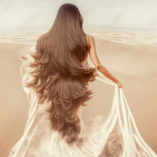 One Beautiful Woman With Flying Long Hair From Back At Desert With Layers Of Sand Dunes At Sunset With White Dress 