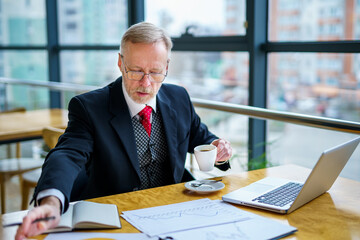 Wall Mural - Computer using business worker. Successful handsome businessman working with laptop.