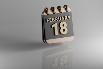 Aufkleber - Standing black and golden month lined desk calendar with date February 18. Modern design with golden elements, 3d rendering illustration. White ceramic reflection background...