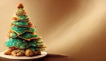 Christmas Cookies Fantasy Christmas Tree With Gifts. Christmas Card Background.