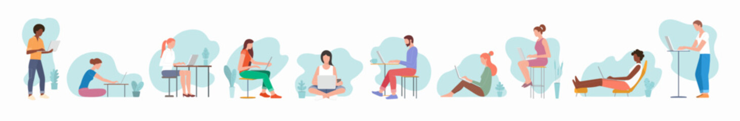 Set of people using a notebook. Male and female characters working with laptop. Freelance, self-education, distant work concept. Faceless characters.