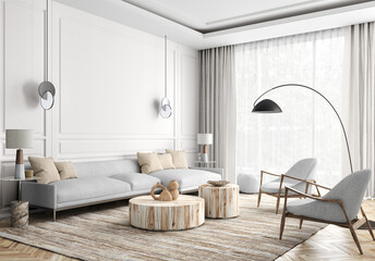 Wall Mural - Modern interior design of cozy apartment, living room with white sofa, armchairs. Room with big window. 3d rendering