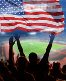 football or soccer fans and USA flag at a game in a stadium