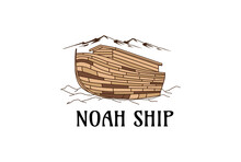 Vintage Retro Wooden Noah Ark Ship Boat Vessel Over The Hill Logo Design