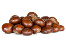 A Group Of Chestnuts Isolated On A White Background.