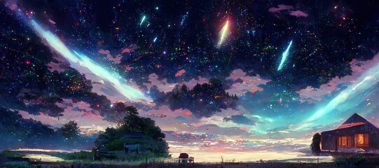 cabin on the field under the starry night. fantasy scenary. concept art.