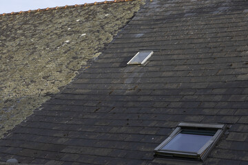 Mousse et lichens sur toiture ancienne en ardoises	