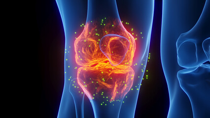 Wall Mural - 3D rendered Medical Illustration of Male Anatomy - Inflamed Knee undergoing Healing. Plain Black Background.