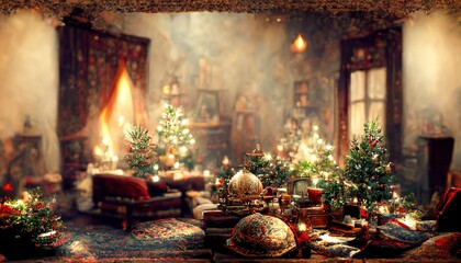 Sticker - Traditional Christmas room, fireplace, armchair and Christmas tree vintage background.