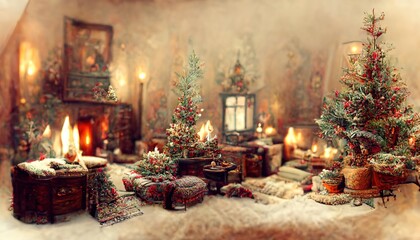 Sticker - Traditional Christmas room, fireplace, armchair and Christmas tree vintage background.