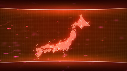 Fototapete - Japan map glowing red silhouette outline made of lines dots triangles, low polygonal shapes. Communication, internet technologies concept. Wireframe futuristic design