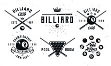 Billiard, 8-ball Logo Set. 6 Billiard Emblems With Cue, Balls, Crown And Banner Icons. Hipster Design. Pool Room, 8-ball. Emblem, Poster Templates. Vector Illustration