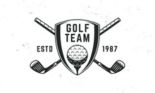 Golf Team Logo Template. Golf Logo. Crossed Golf Clubs With Ball On Shield Shape. Vector Emblem