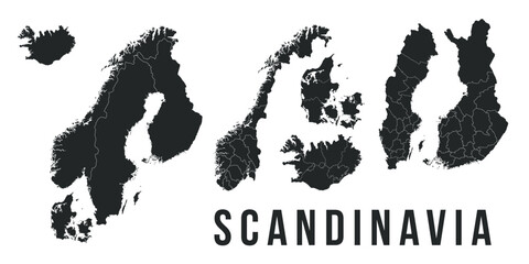 Scandinavia map templates. Sweden, Iceland, Norway, Finland, Denmark, Finland map isolated on white background. Scandinavia maps set. Vector illustration	