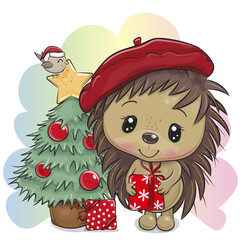 Wall Mural - Cute Cartoon Hedgehog with gift and Christmas tree