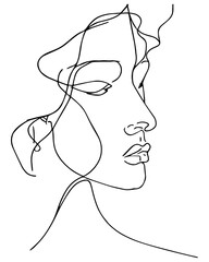 Continuous line of beautiful woman. Simple minimal sketch of young happy female. Beauty isolated. Linear art of hand drawn model. Modern vector illustration. Black line on white background.