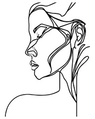 Wall Mural - Continuous line of beautiful woman. Simple minimal sketch of young happy female. Beauty isolated. Linear art of hand drawn model. Modern vector illustration. Black line on white background.