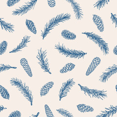 Naklejka na meble Botanical seamless pattern with fir branches and cones. Blue and White. Forest background for packaging, textiles, wallpaper. Vector christmas illustration. Blue and White. Sketch.