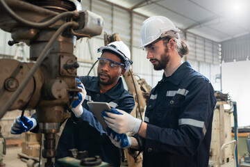 two male engineers in uniform with helmet checking and repairing drilling machines at factory indust