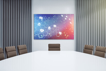 Poster - Creative abstract medical hologram on presentation tv screen in a modern meeting room. Healthcare technolody concept. 3D Rendering