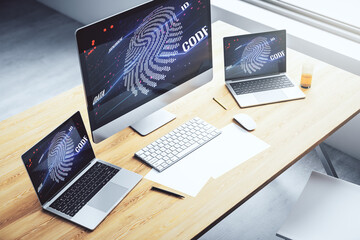 Aufkleber - Modern computer display with abstract graphic fingerprint sketch, fingerprint scan data concept. 3D Rendering