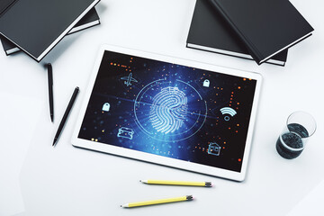 Fototapete - Top view of modern digital tablet display with creative fingerprint hologram, personal biometric data concept. 3D Rendering