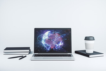 Poster - Abstract digital world map with connections on modern computer monitor, big data and blockchain concept. 3D Rendering