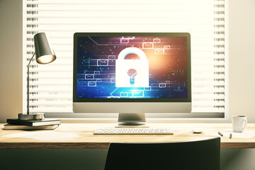 Poster - Creative light lock illustration with postal envelopes on modern computer monitor, cyber security and email protection concept. 3D Rendering