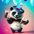 Lustiger Panda mit Sonnenbrille Hut und Getränke, 3D Illustration