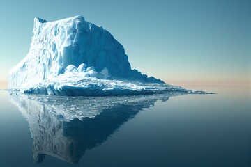 Wall Mural - huge iceberg reflecting in the calm blue ocean during sunrise or sunset on a beautiful sunny day, ge