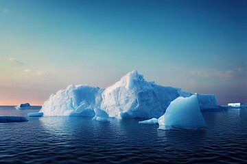 Wall Mural - floating icebergs in the dark blue ocean during sunset or sunrise on an almost clear sky day, genera