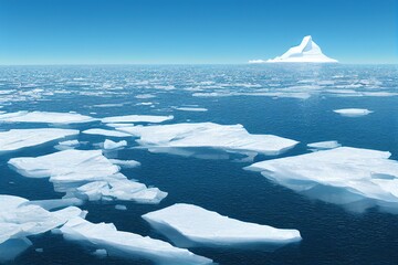 huge peak iceberg in polar regions surrounded by many smaller floating ice pieces on a beautiful sun